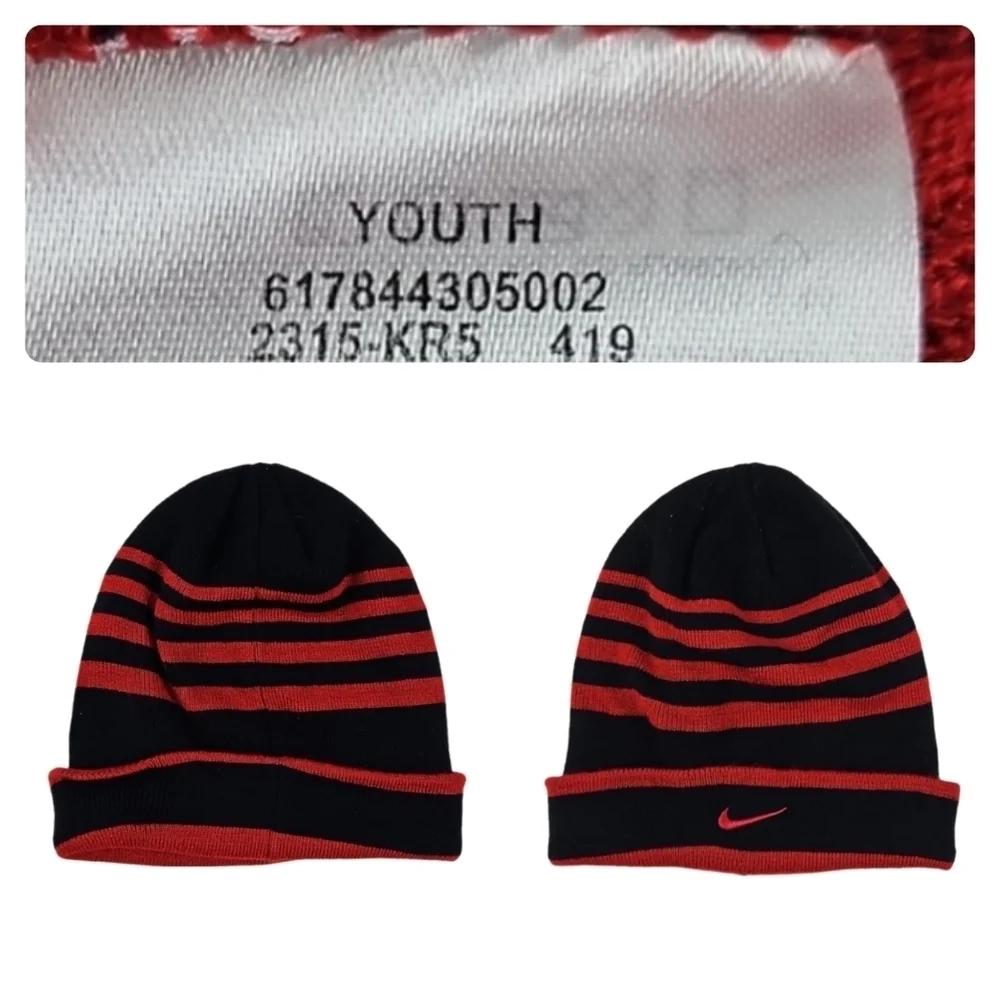 Nike Beanie Hat, Red Black Stripes, Youth